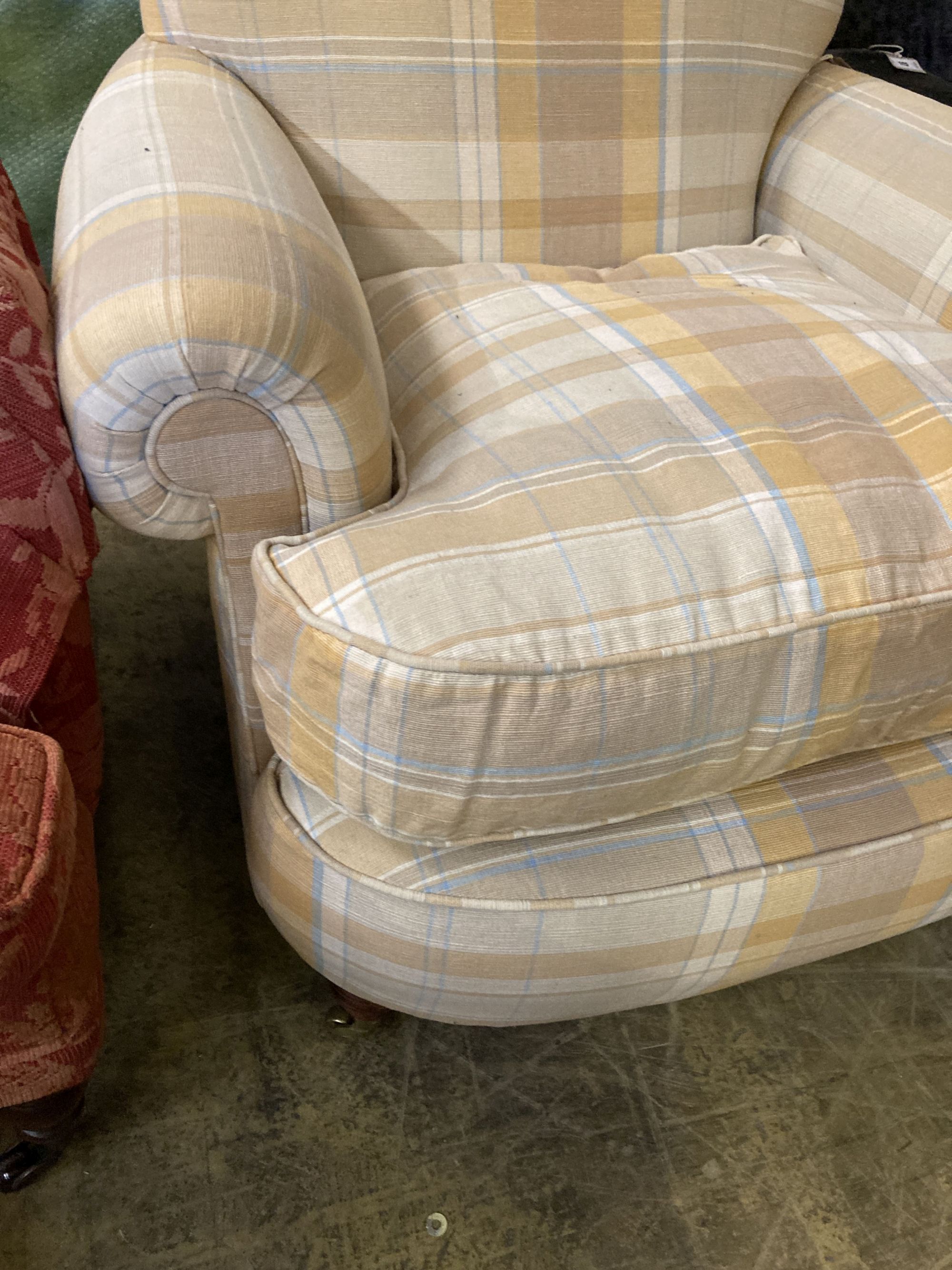 A modern Victorian style armchair, upholstered in cream ground chequered fabric, width 90cm, depth 84cm, height 90cm